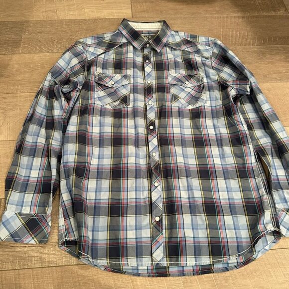 BKE MENS BLUE PLAID LONG SLEEVE BUTTON DOWN STANDARD FIT SHIRT XL SNAPS - Picture 1 of 8